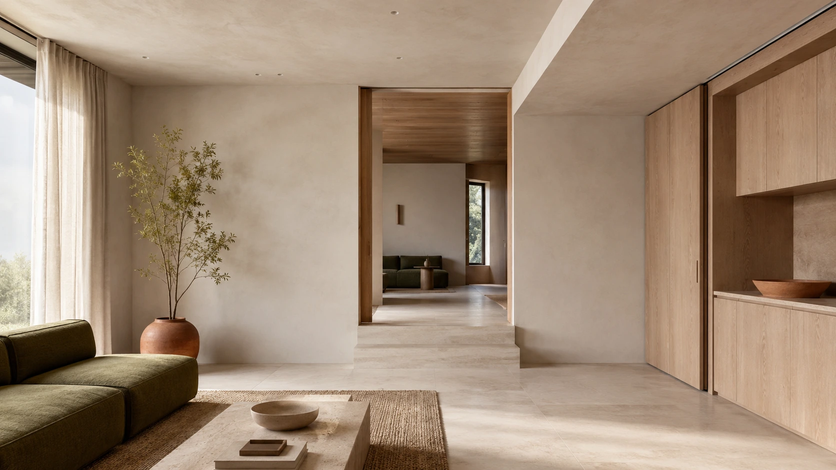 Warm residential living space with pale oak joinery, limestone flooring, olive seating, and a stepped transition into a quieter adjoining room.
