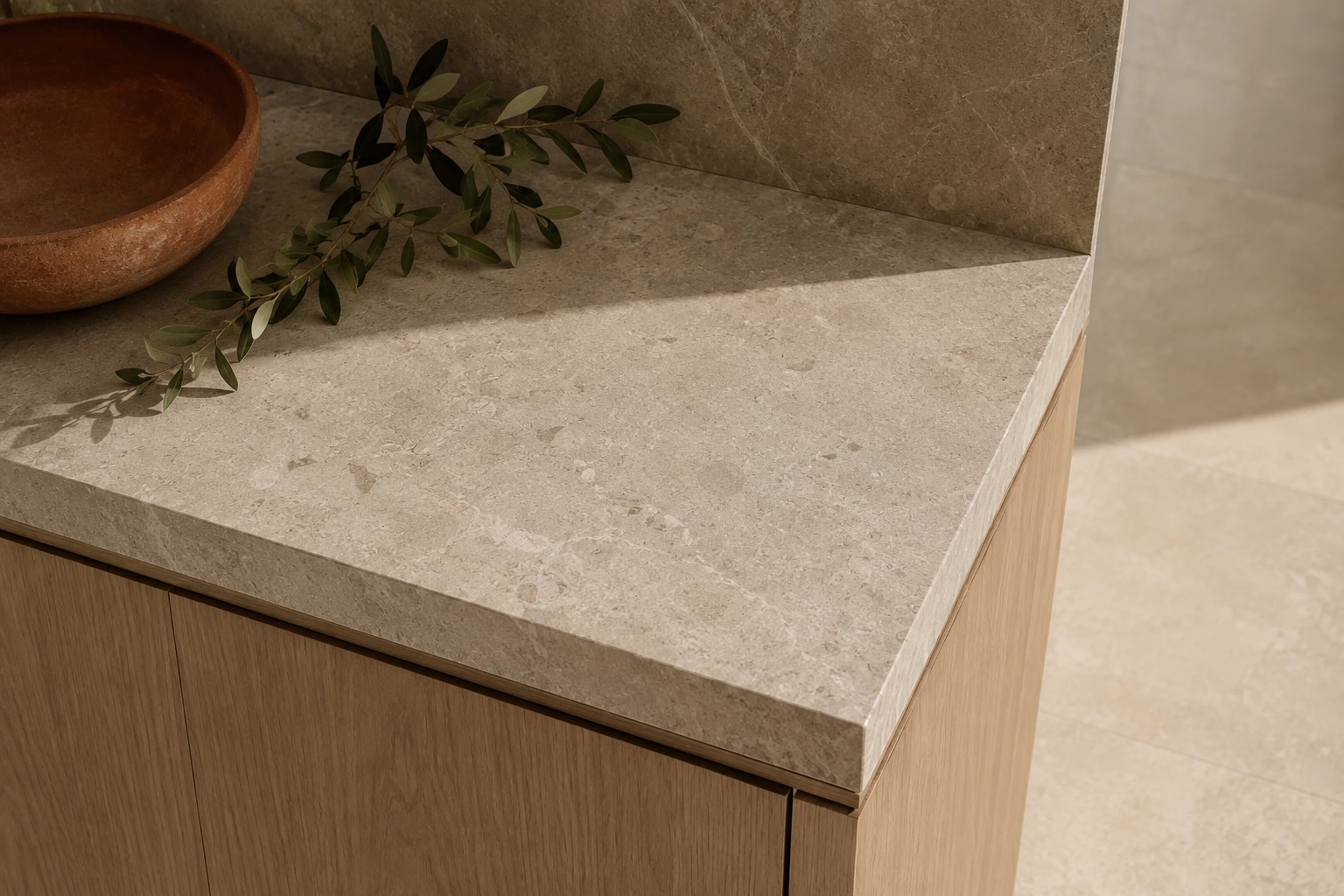 Close view of warm limestone over pale oak cabinetry with a clay bowl and muted green branch.
