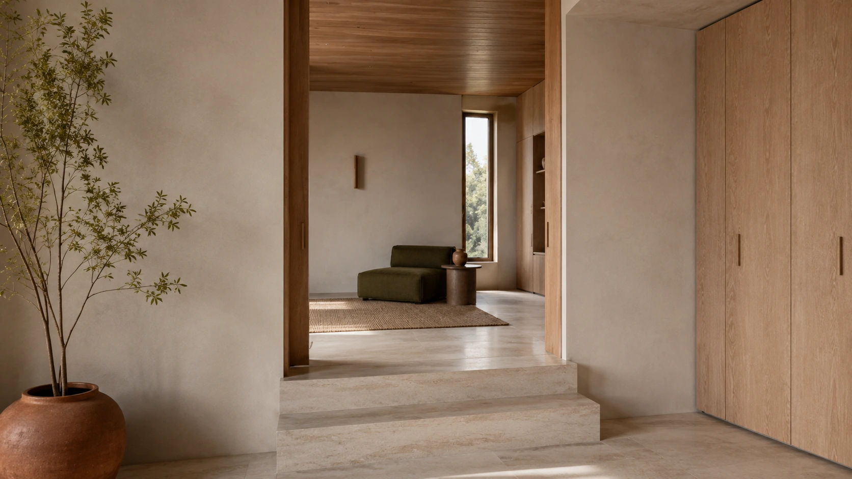 Limestone steps and a timber-lined threshold marking the transition between two connected residential rooms.