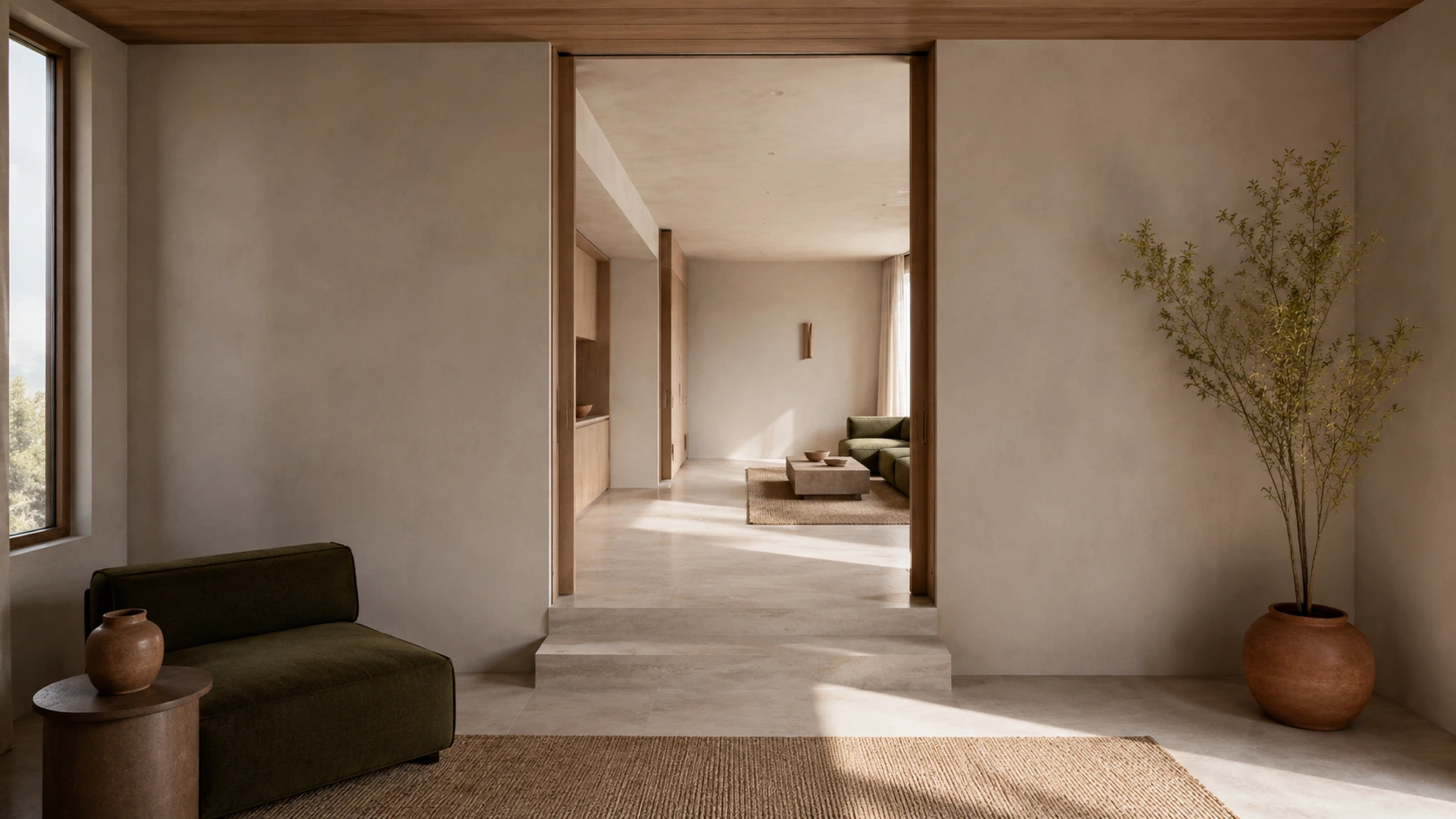 View from the quieter room back toward the main living space through a timber-framed opening and shallow limestone steps.