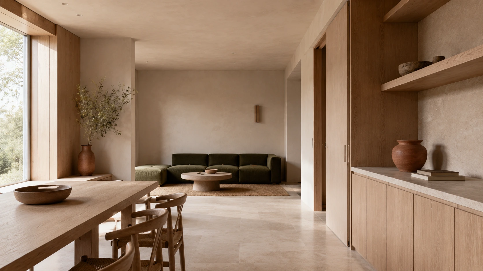 Warm open-plan dining and living room with pale timber furniture, integrated storage, limestone flooring, and olive seating.