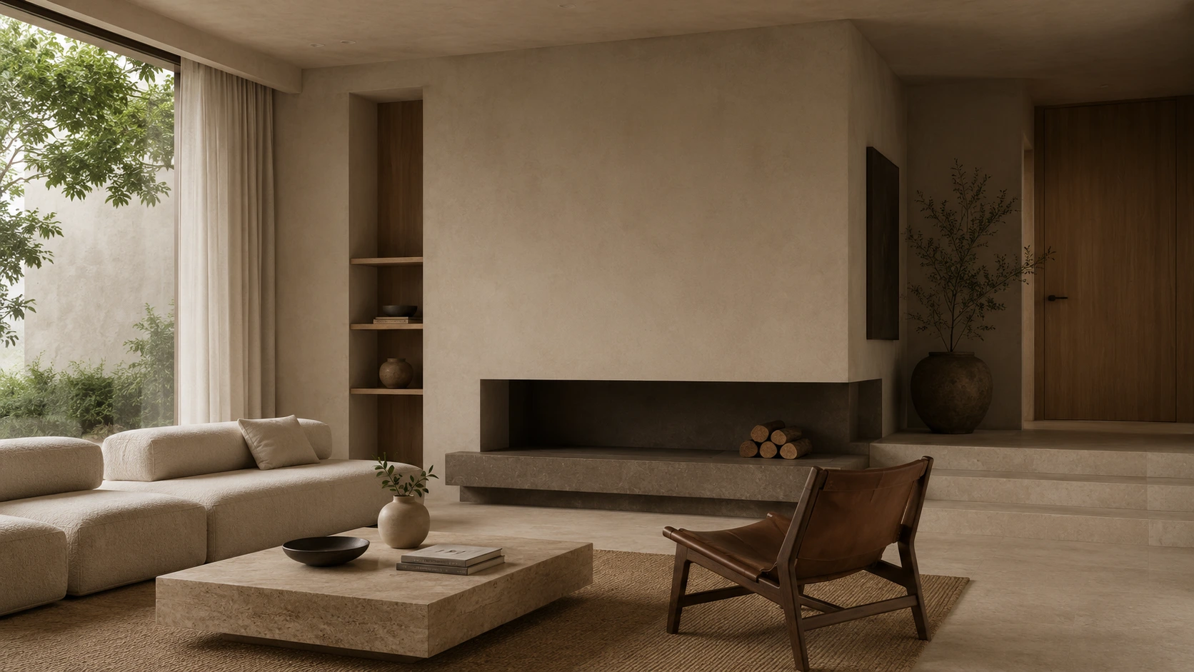 Quiet residential living room with cream seating, a low stone hearth, timber shelving, leather chair, and a raised entry platform.